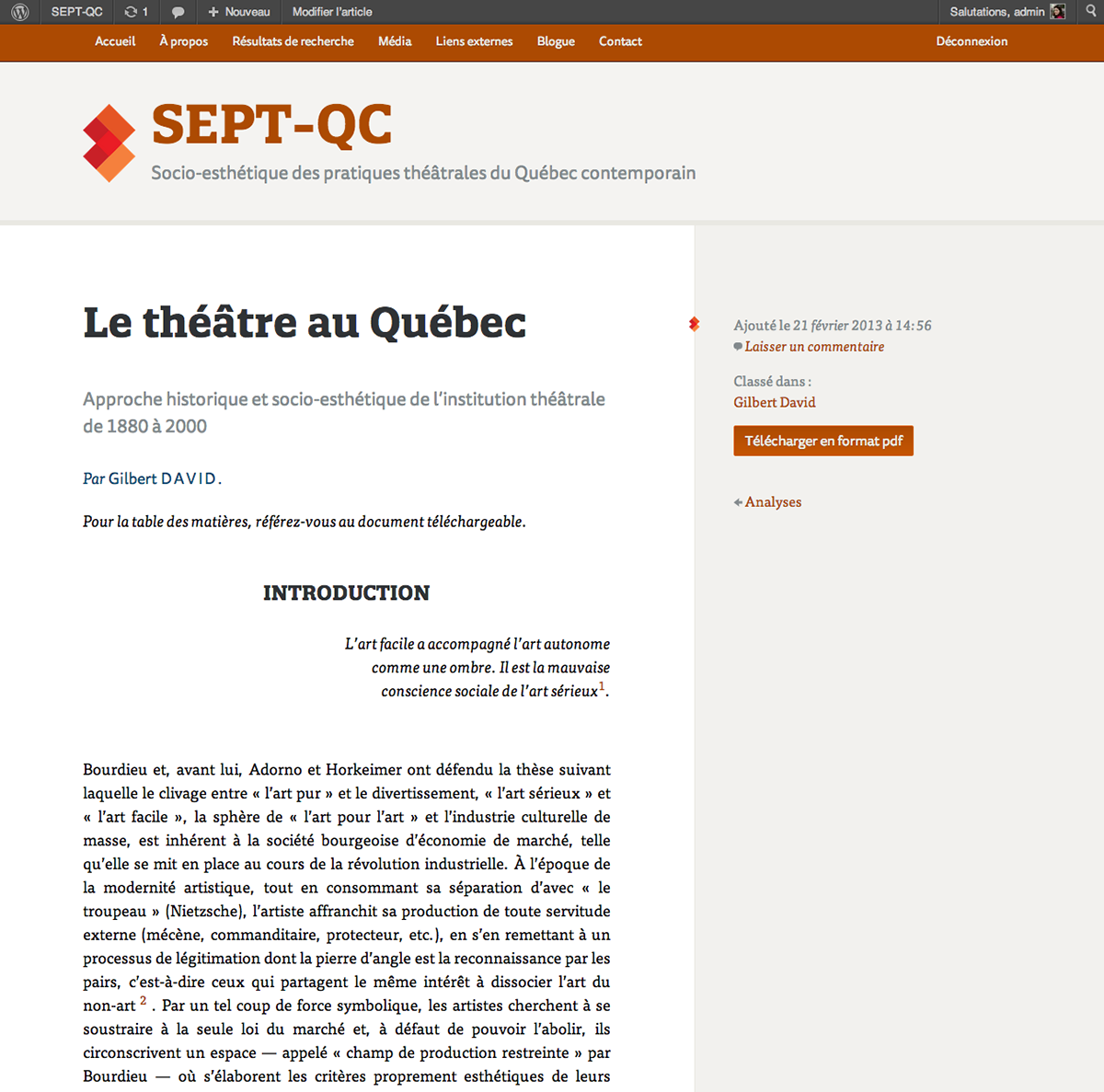 academic  wordpress  theatre Quebec