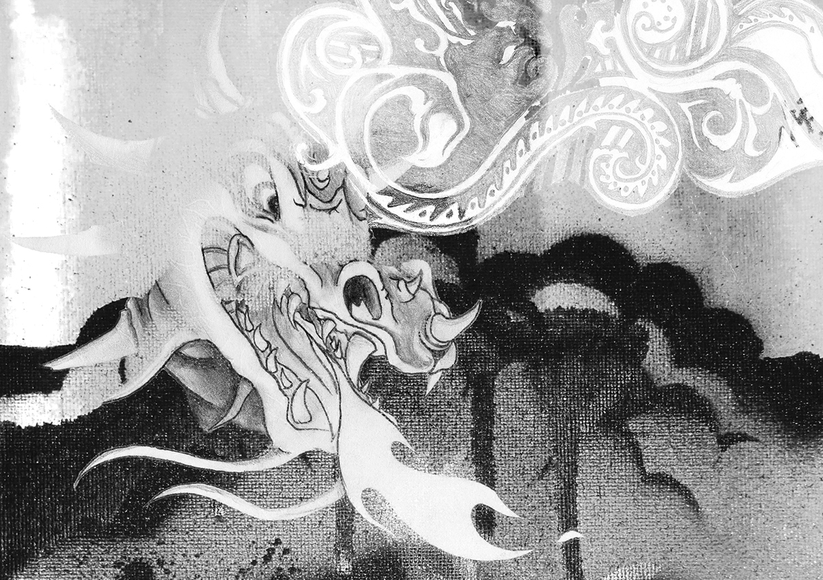 tattoo dragon tribal spraypaint paint texture mixed media black & white spray