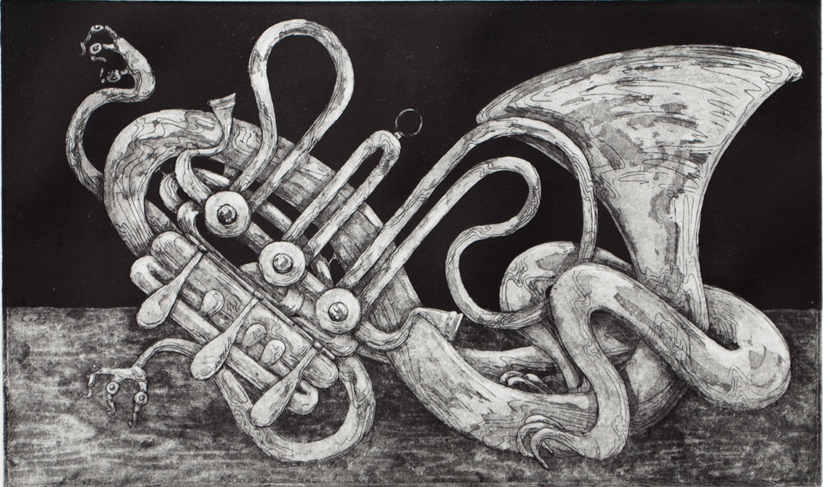 printmaking etching aquatint french horn Horn nightmare print