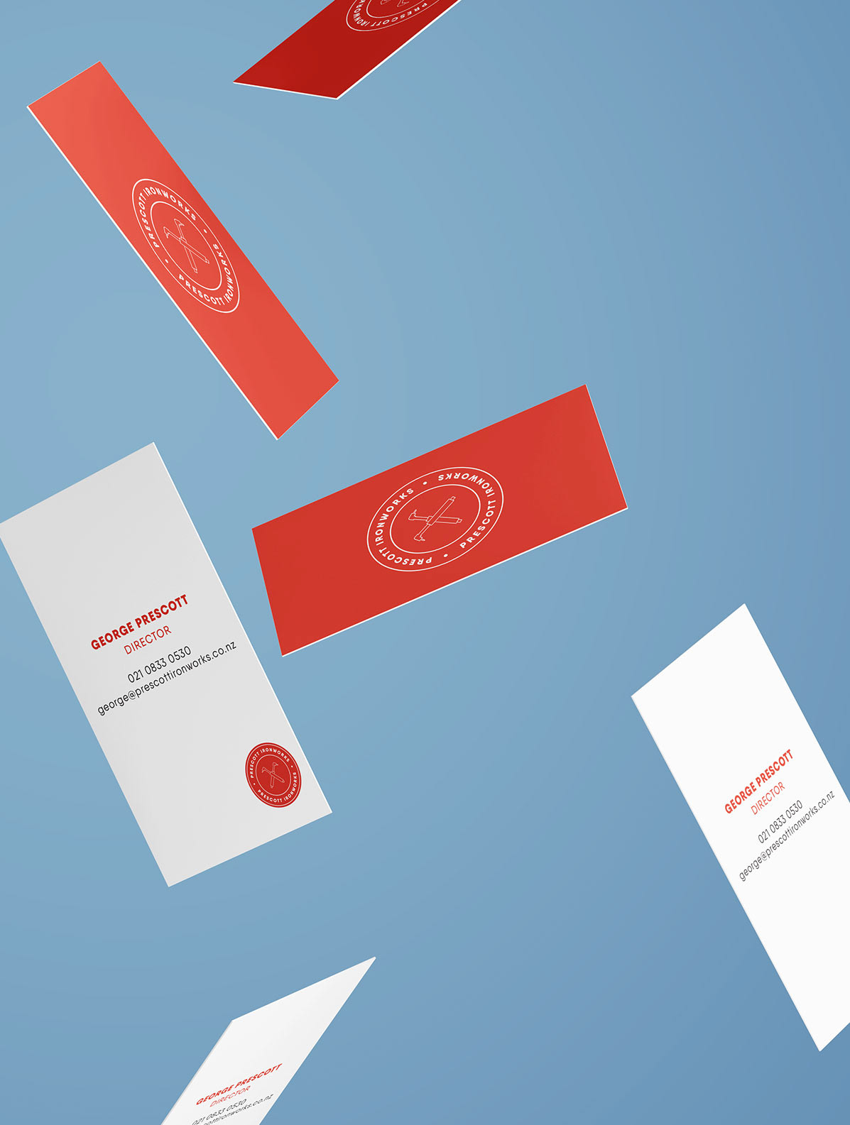 minimal red and white business cards flying