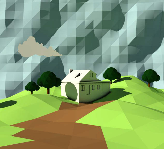 house lowpoly 3D 2D environment scape mountains trees hills SKY