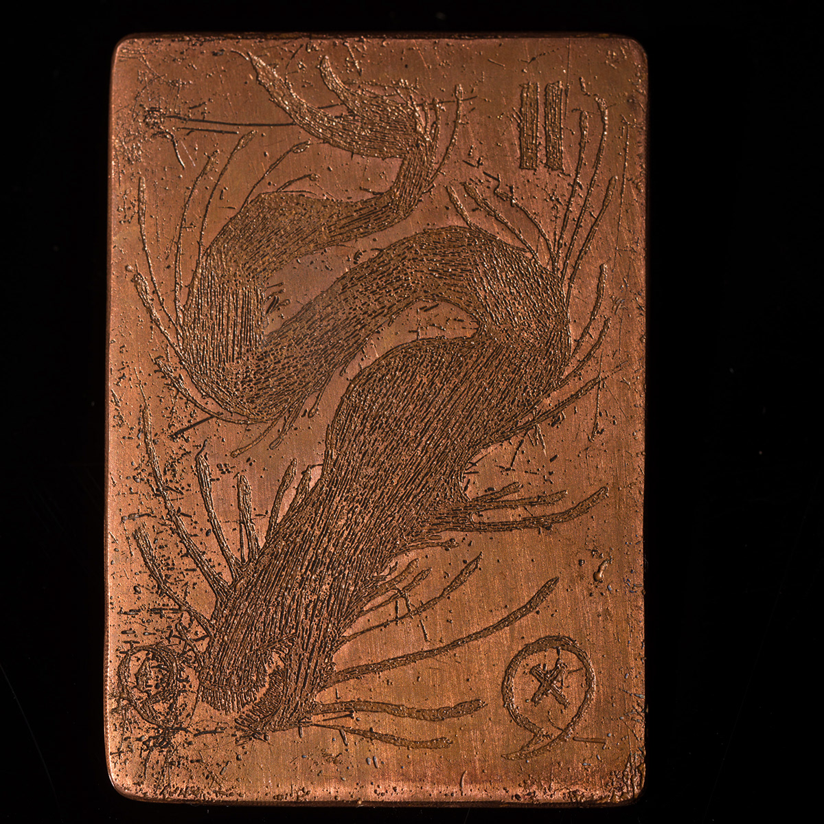 etching metalsmithing copper story narrative diamond tiger black horse