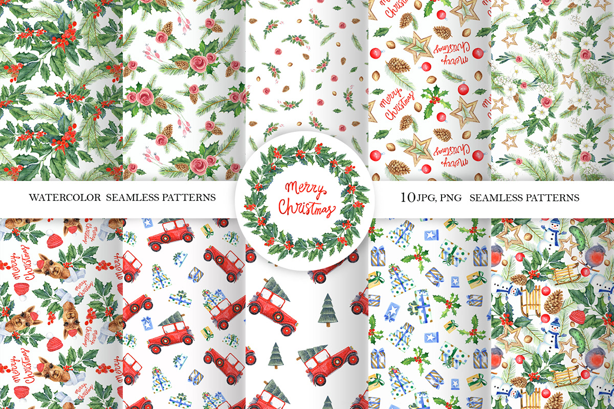 Christmas clip art digital paper Merry Christmas mistletoe red truck seamless pattern Tree  watercolor