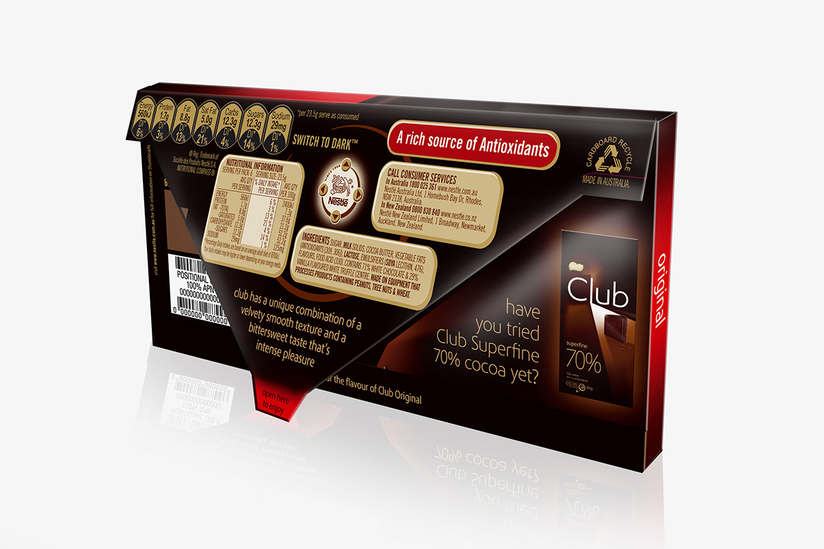 2009 Nestle Club Dark Chocolate packaging design back of pack. 