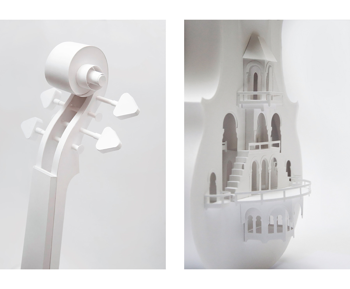 Paper Violin paper sculpture 3D model paper artist collective Musical Music Instrument violin sculpture craft paper craft