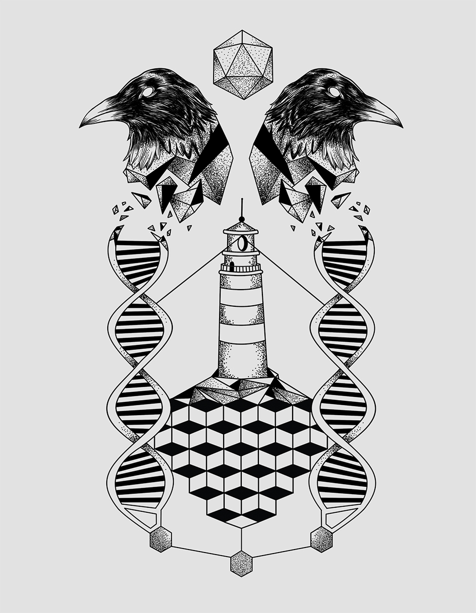 crow DNA geometry digital painting Tshirt Design print lighthouse polygon