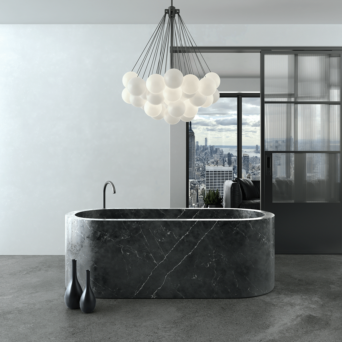 A modern black marble bath looking out to NYC cityline.