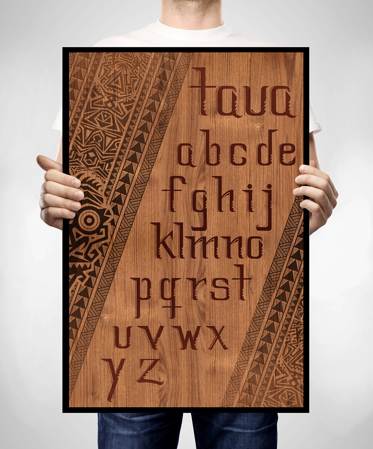 font typo maori tribal indigenous polynesian New Zealand polynesia wood warrior madera abecedario simetria alphabet poster