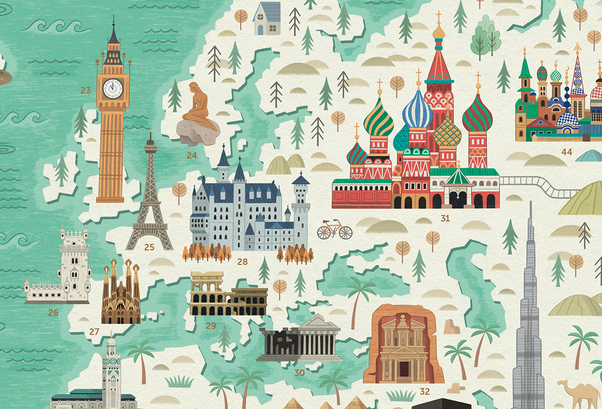 ILLUSTRATION  world map poster stickers Travel puzzle kids children vintage