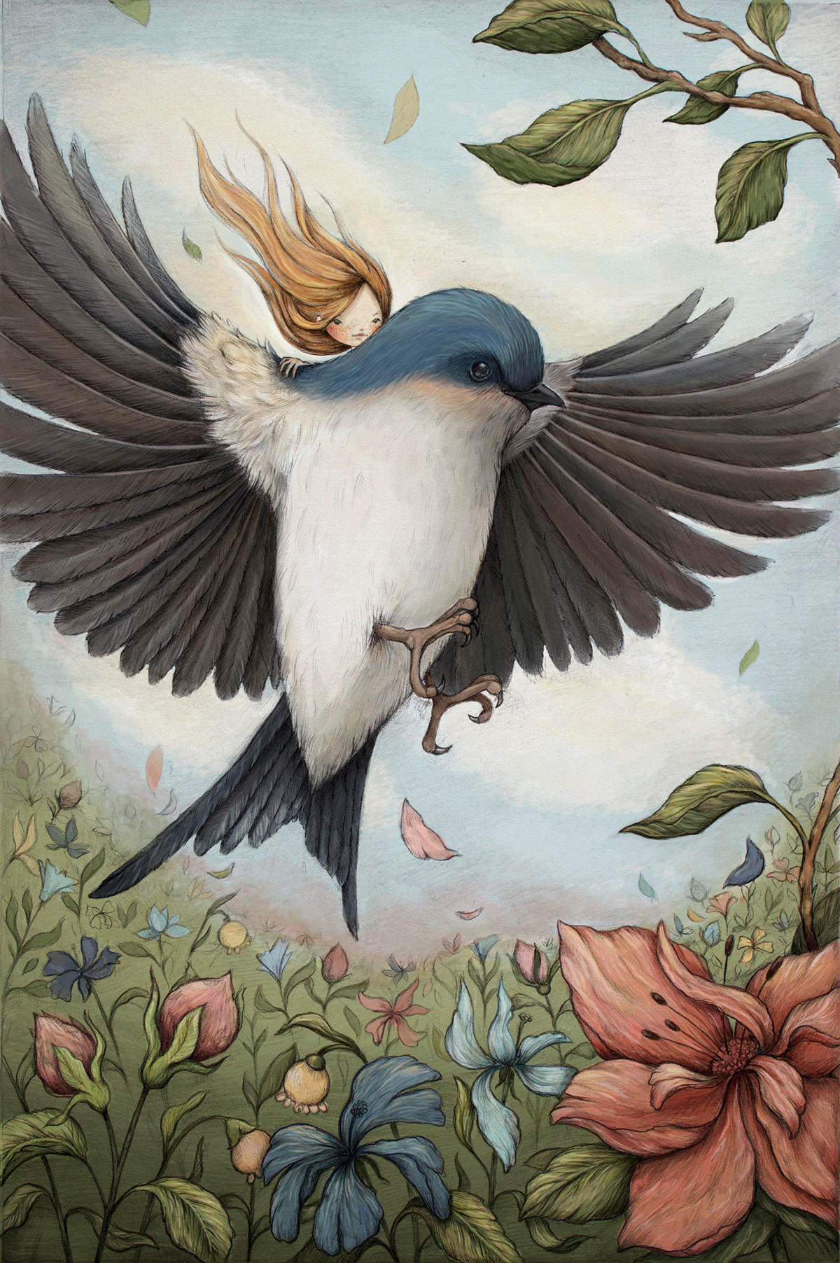 Thumbelina bird swallow story fairytale animals Nature girl andersen little cute kids Flowers