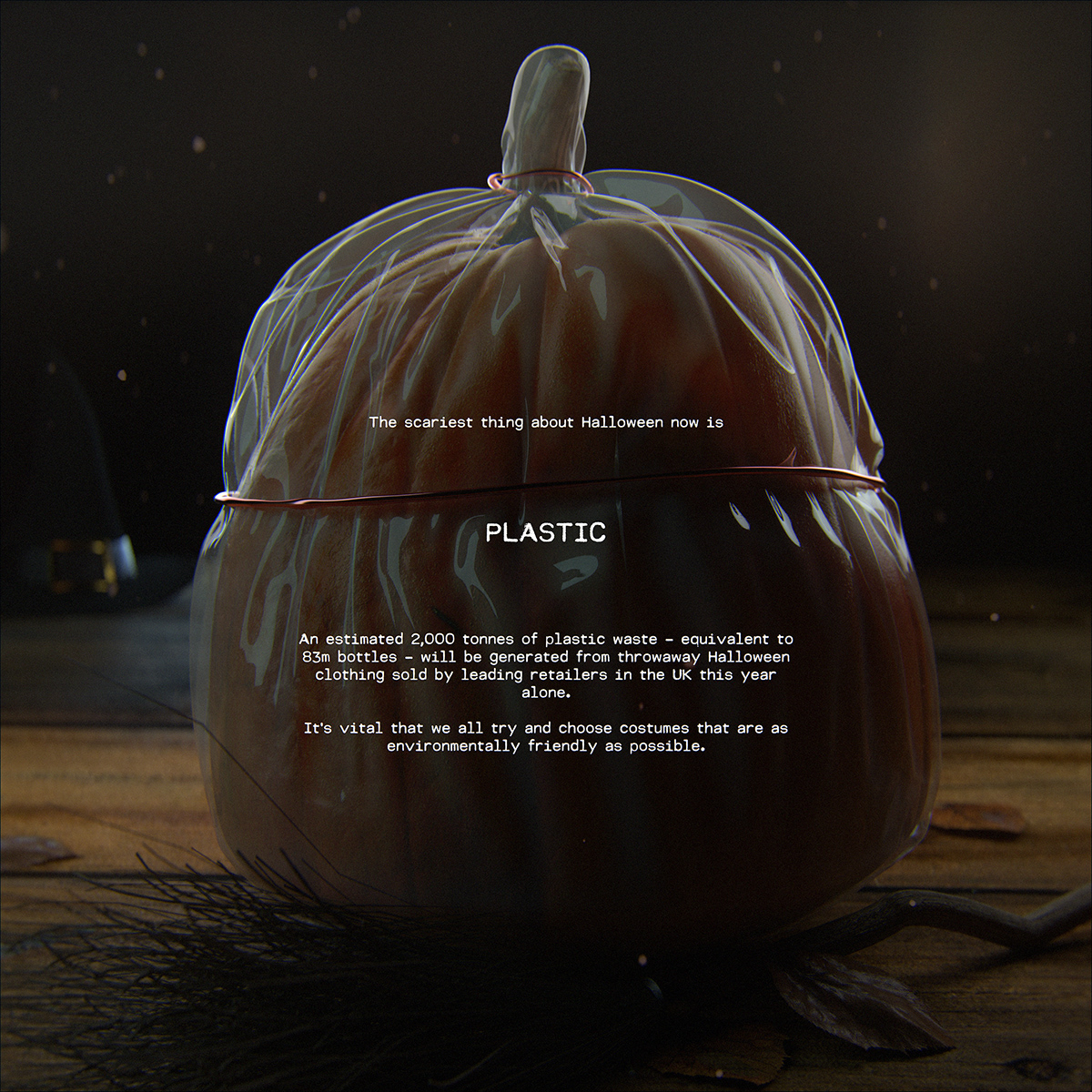 plastic Halloweem waste garbage pumpkin orange message climatechange spooky horror