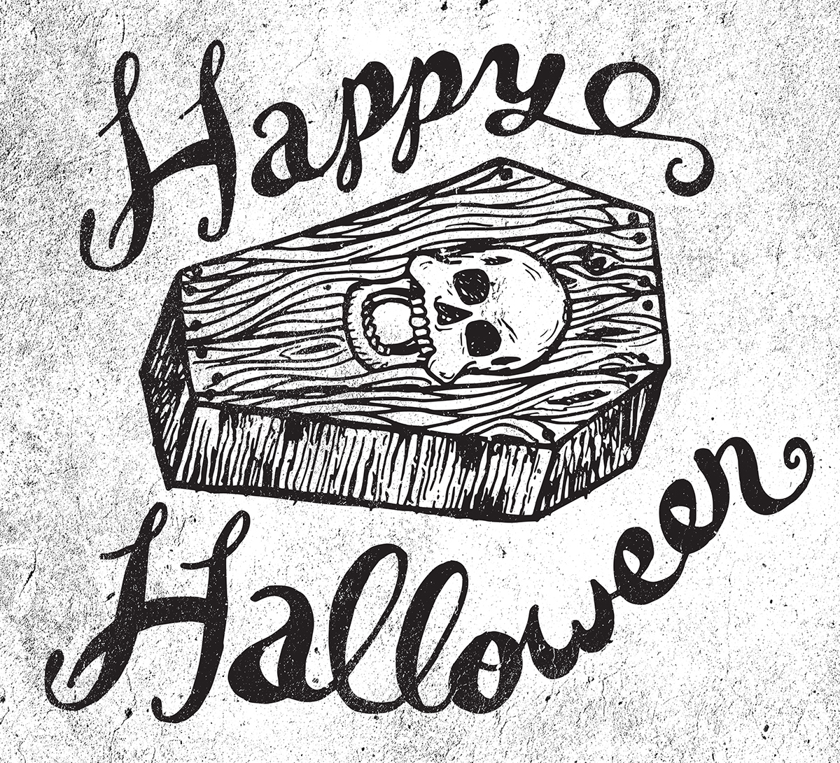 Happy Halloween All Hallows Eve Halloween hand crafted calligraphy illustrated typography love design love drawing  pen and ink micron artist's loft pumpkin skull wood coffin cursive