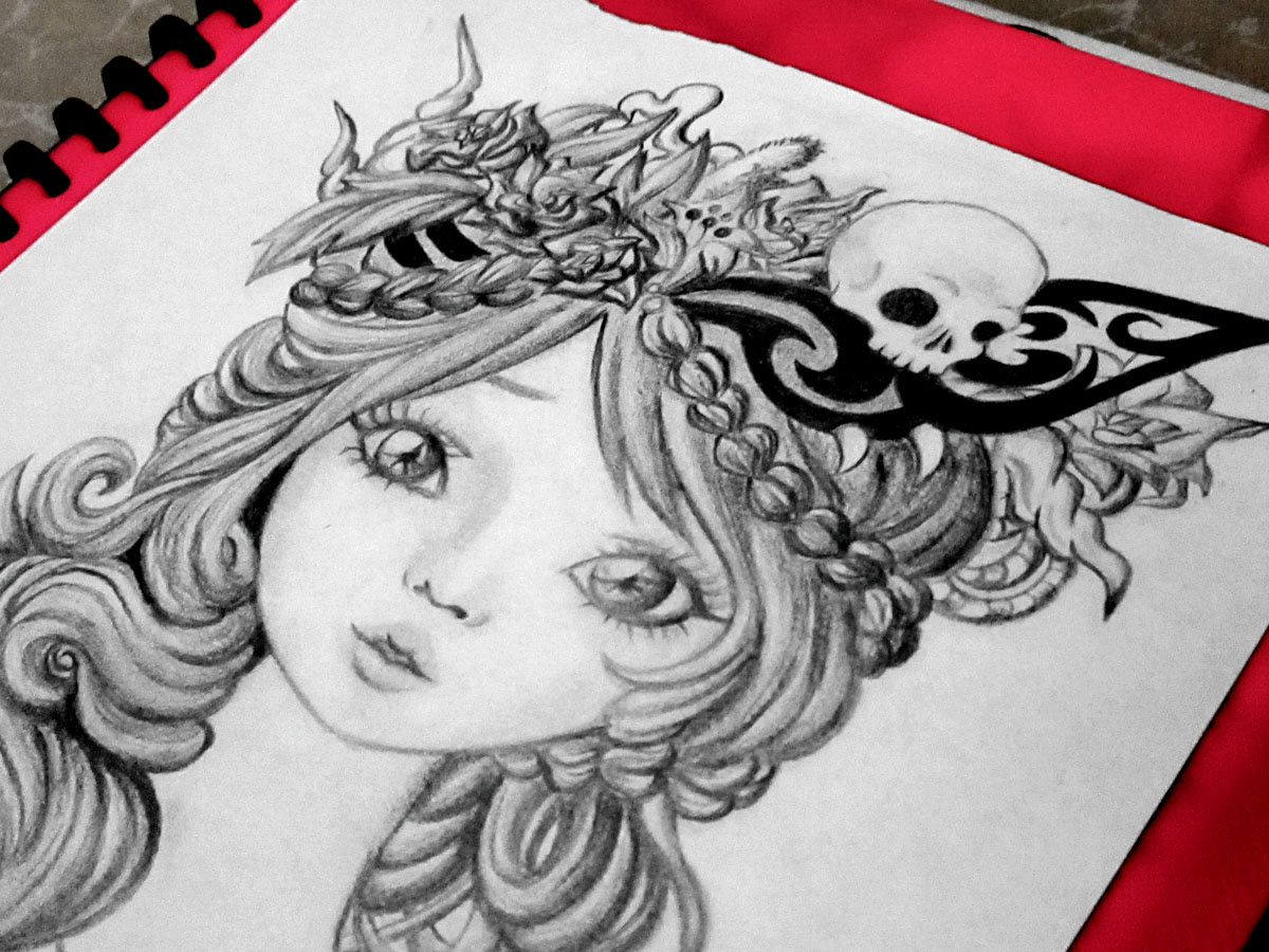 Persephone goddess underworld fantasy mythology black and white pencil