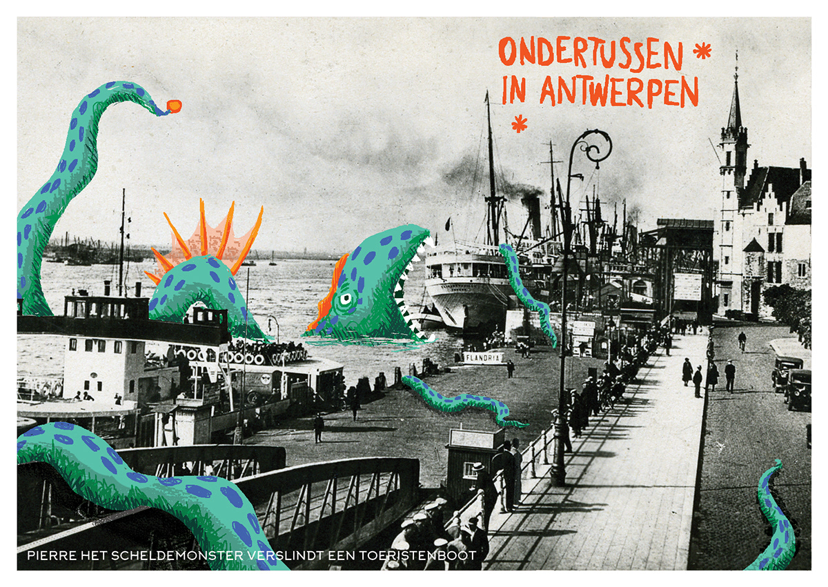 antwerp city digital drawing ; monsters old postcards vintage