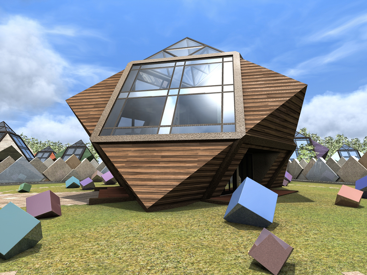 pitched walls roof pitch cube skylight Cottage house Constructionism modern Minimalism Roof windows cube house