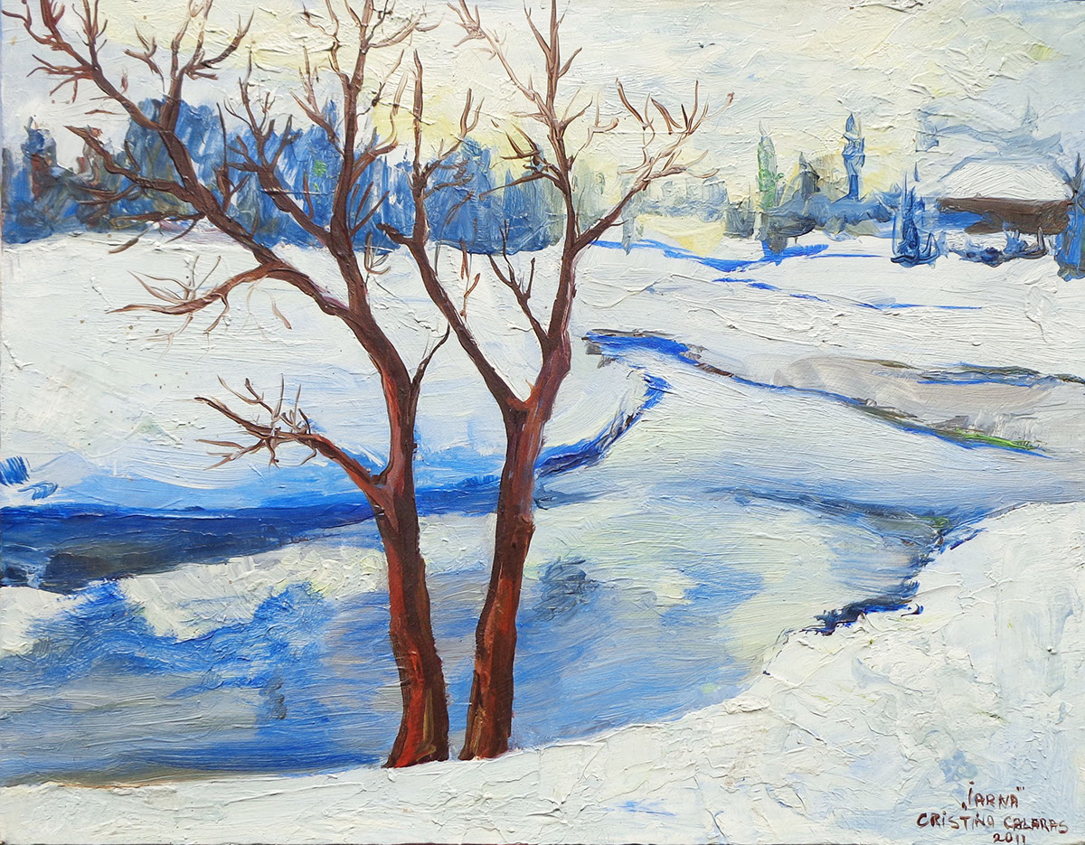 art Oil Painting Moldova winter snow canvas vilage
