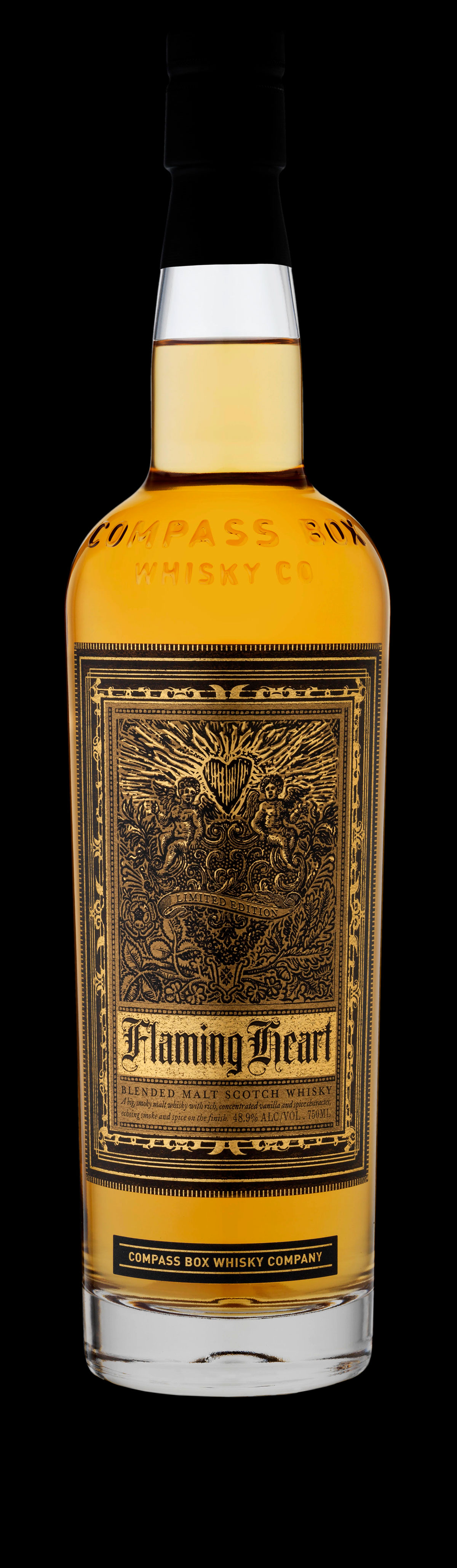 flaming heart Compass Box Stranger & Stranger Flaming heart cupid alcohol bottle scotch malt compass limited edition gold black Whisky