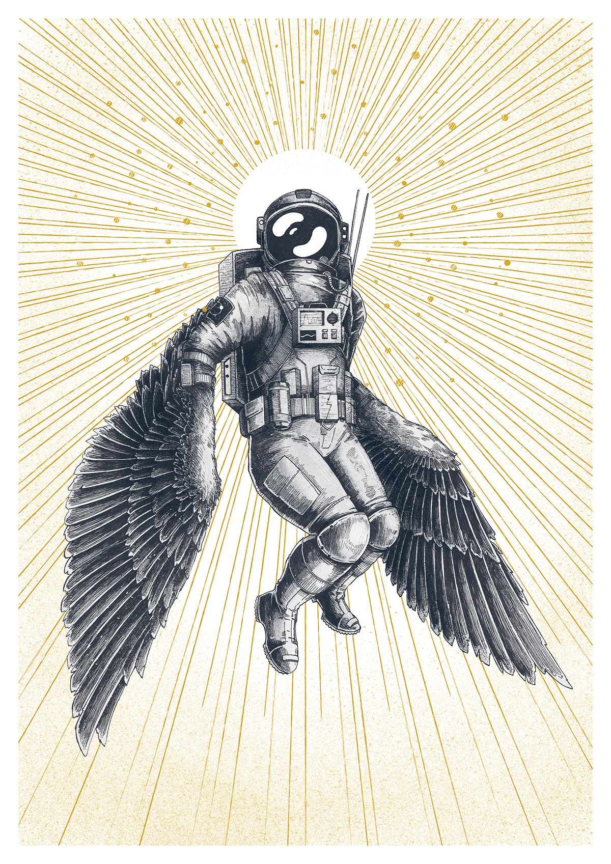 astronaut Space  wings gold ink stars Hipster cosmonaut ILLUSTRATION 
