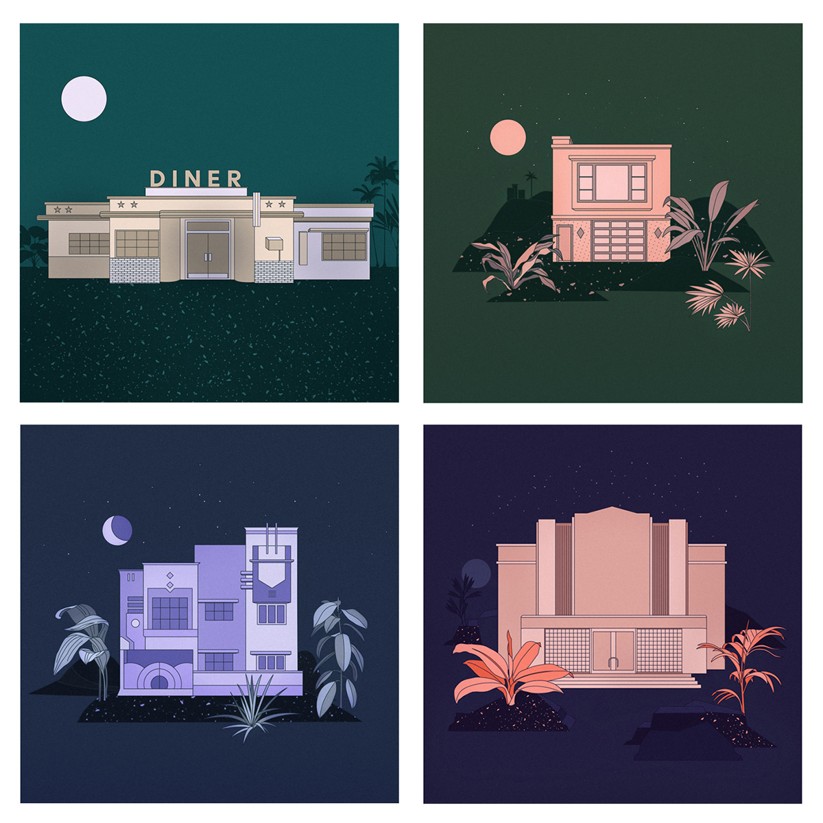 buildings architecture plants Tropical night Nightsky graphicillustration vector diner Landscape