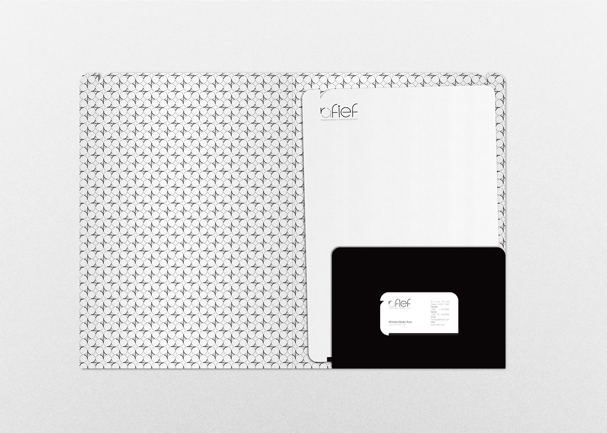 brand visit card stationary logo black White rafief agency letterhead folder pattern riyadh KSA Arab arabic concept Diecut black & white creative dsign art