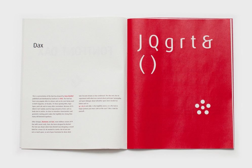 Dax type specimen FontFont font editorial typo red letters denmark skolen for visuel handsewn hans reichel
