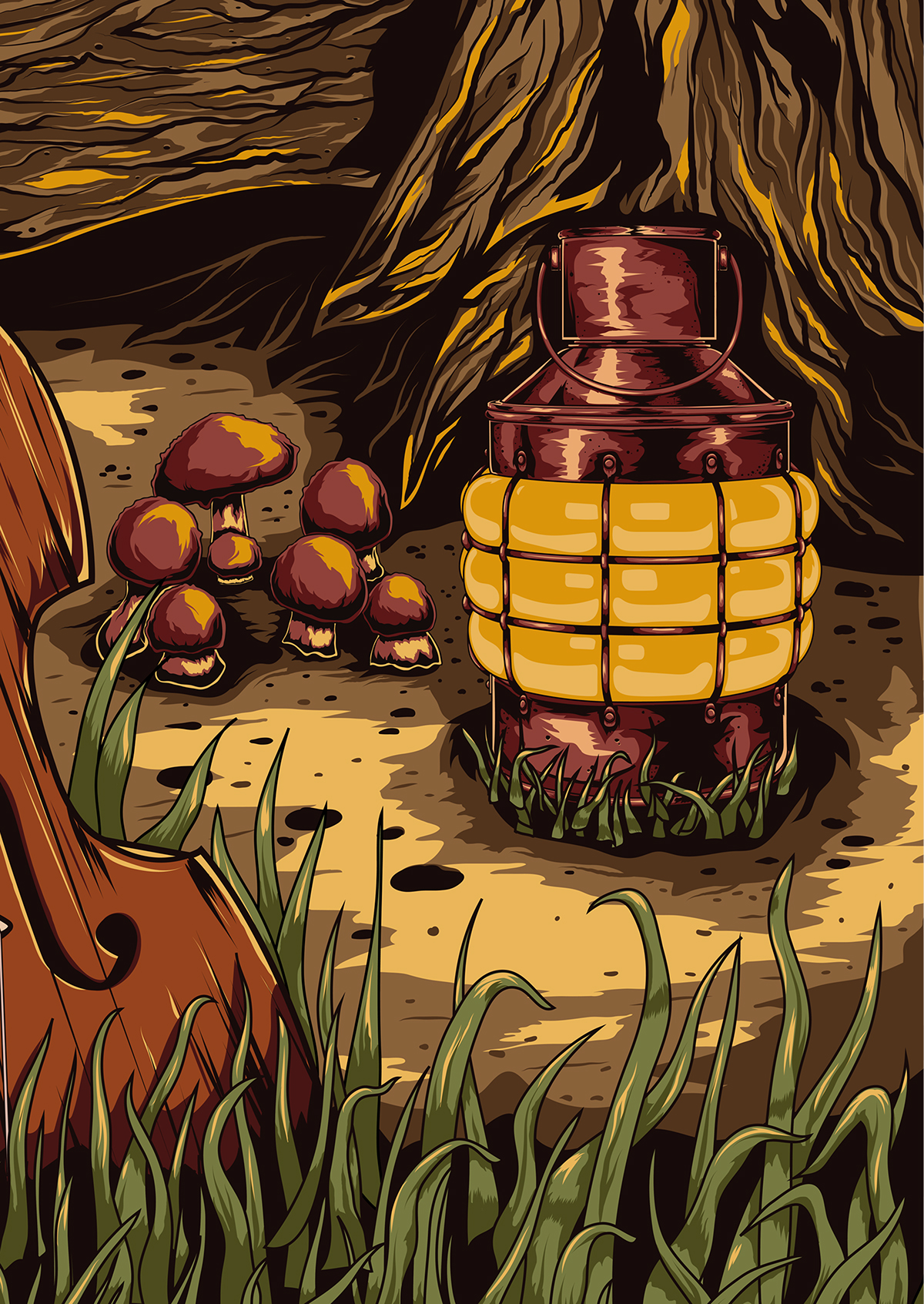contrabass forest wood owl bass kerosene lantern vector Illustrator art string mushroom Tree  lantern moon night