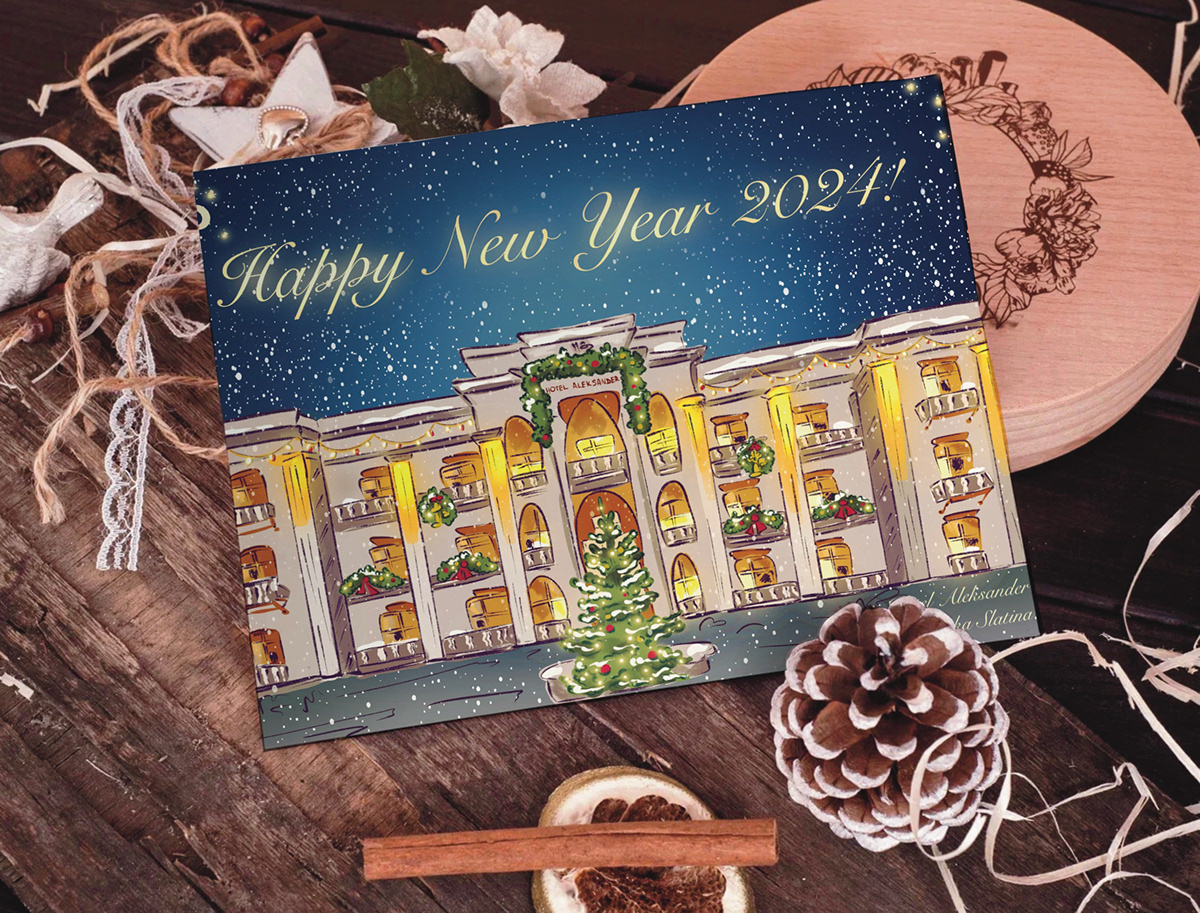 ILLUSTRATION  postcard Christmas Holiday winter hotel Travel architecture card print