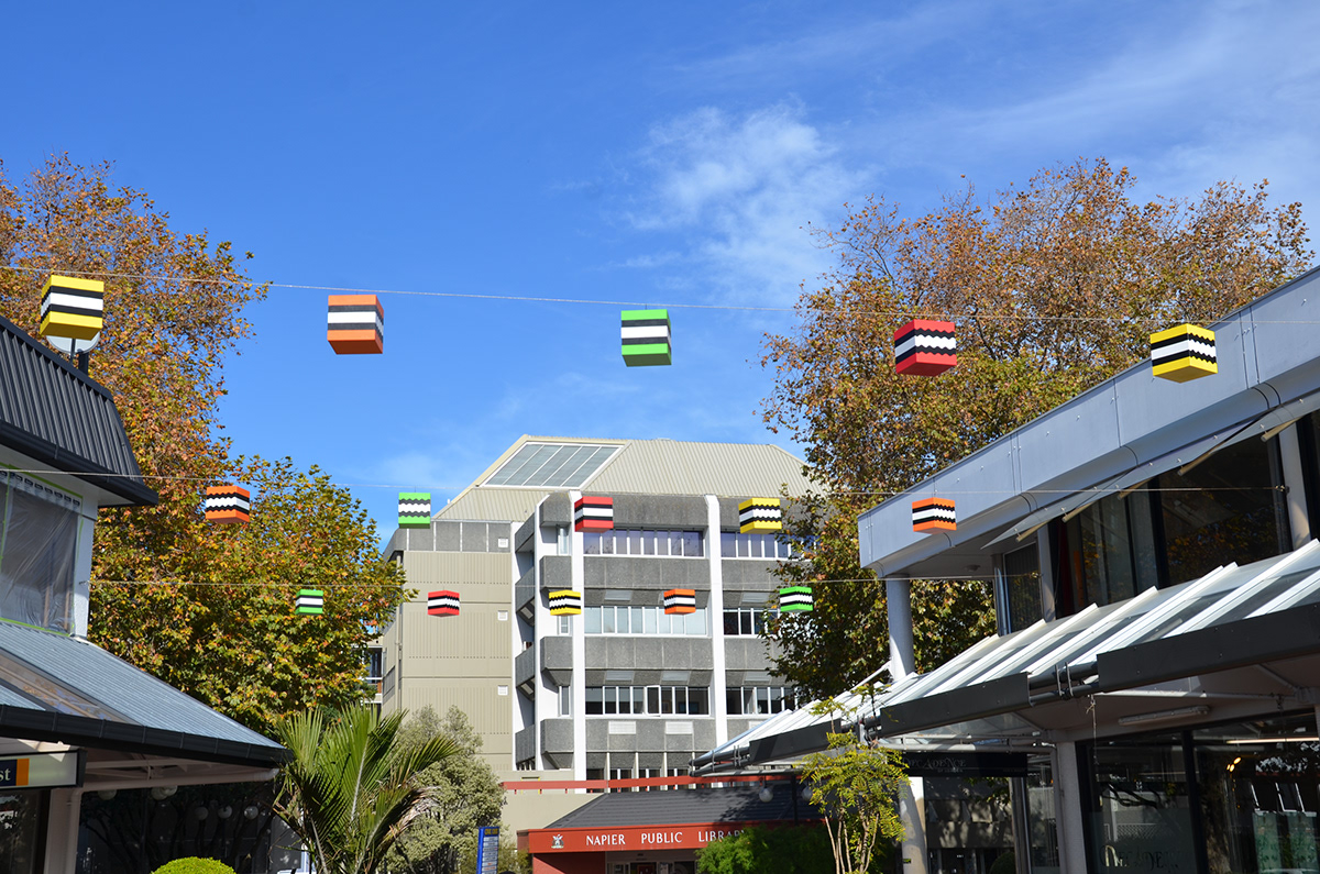 Overhead installation installation hanging Lollies liquorice allsorts kinectic Kinetic wood hanging sculpture hanging installation tara cooney Jeff Robertson napier Hawkes Bay New Zealand