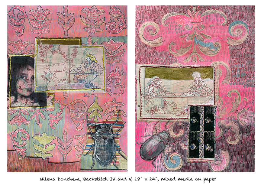 artwork Backstitch collage Drawing  Embroidery gold Insects mixed media pink vintage