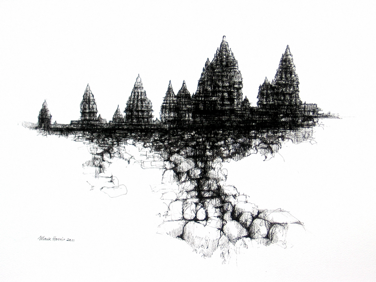 Thailand Cambodia pen and ink art ruins temples Hindu Buddhist buildings South East Asia