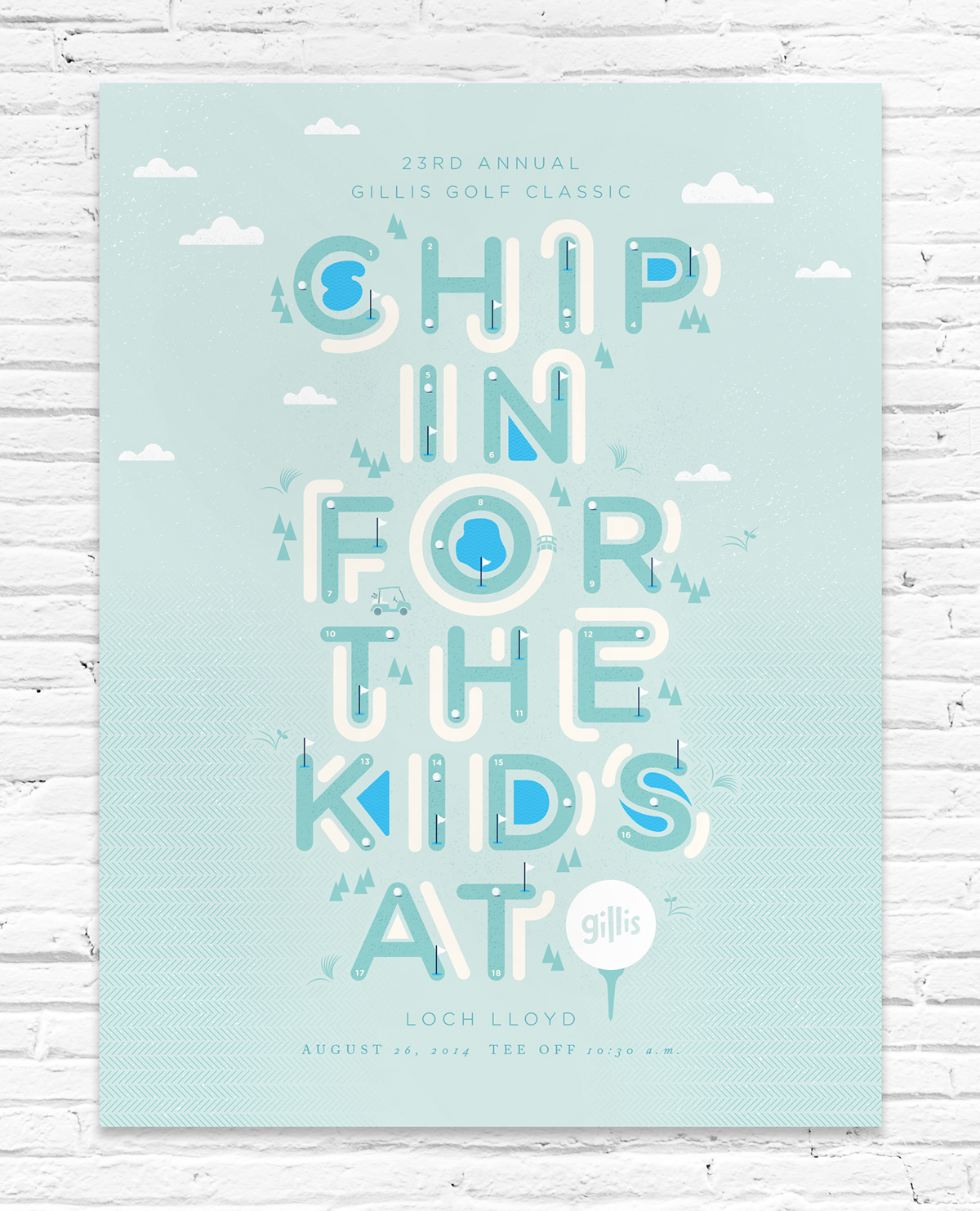 Direct mail poster kids Gillis golf holes flags mint blue sophisticated vector Invitation Collateral modern print