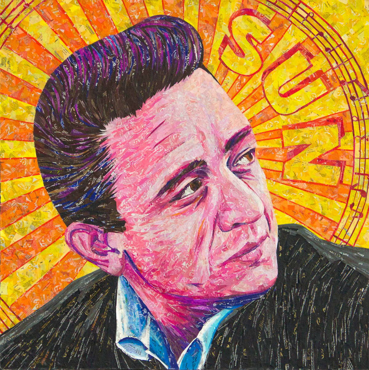 recycled art johnny cash legend recycled material upcycled art eco art Pop Art collage mosaic portrait Country Music Nashville Sun Records