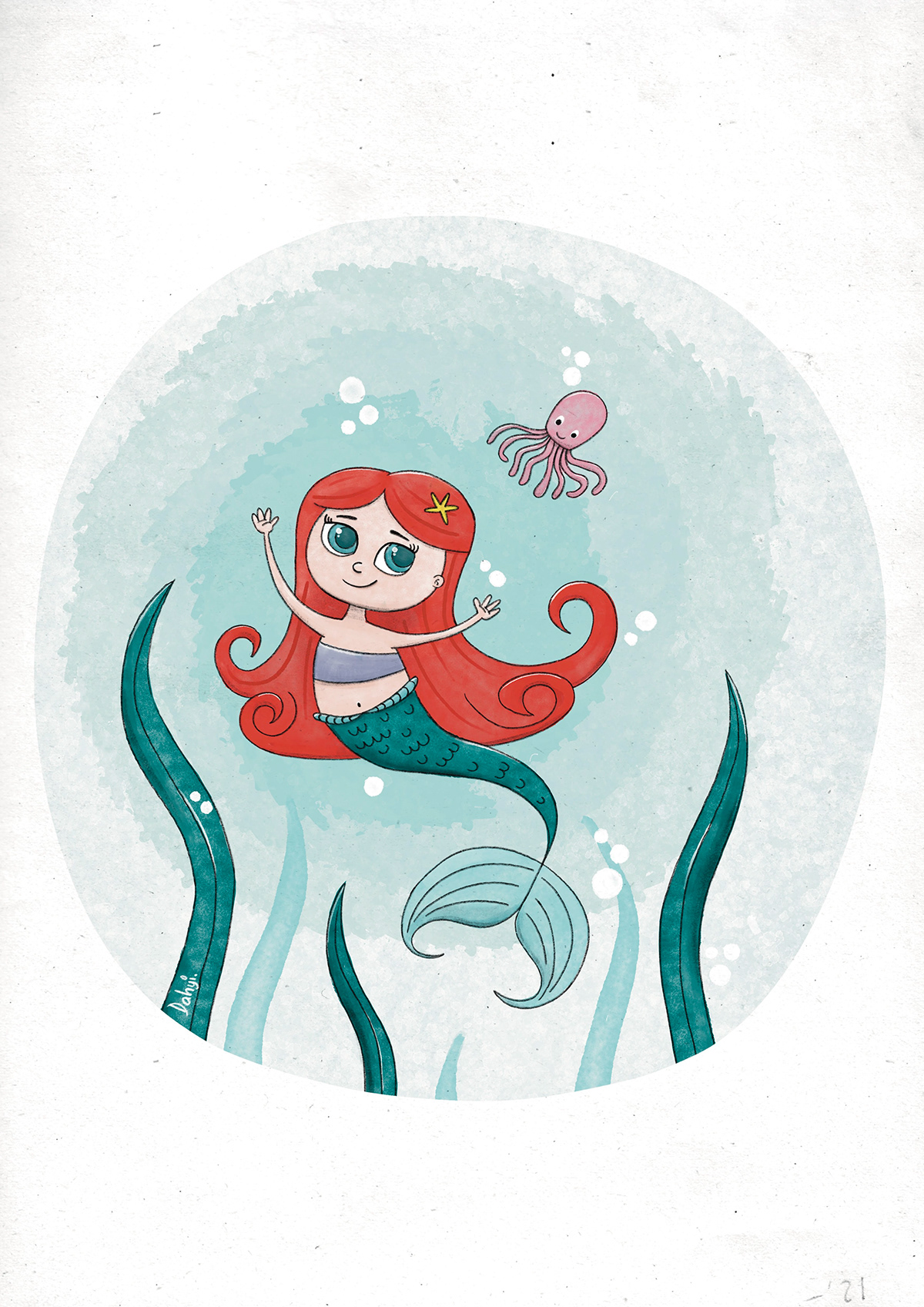 Cute little mermaid chasing a pink octopus Watercolor Technique
