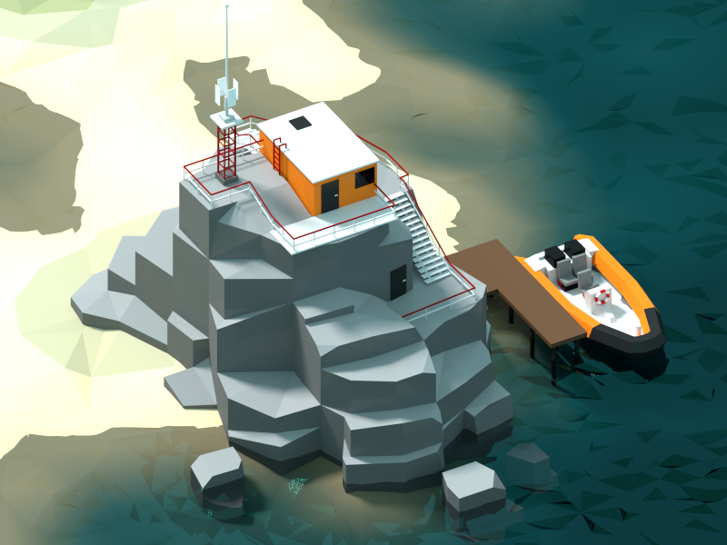 Low Poly river boat STATION post Island forest base