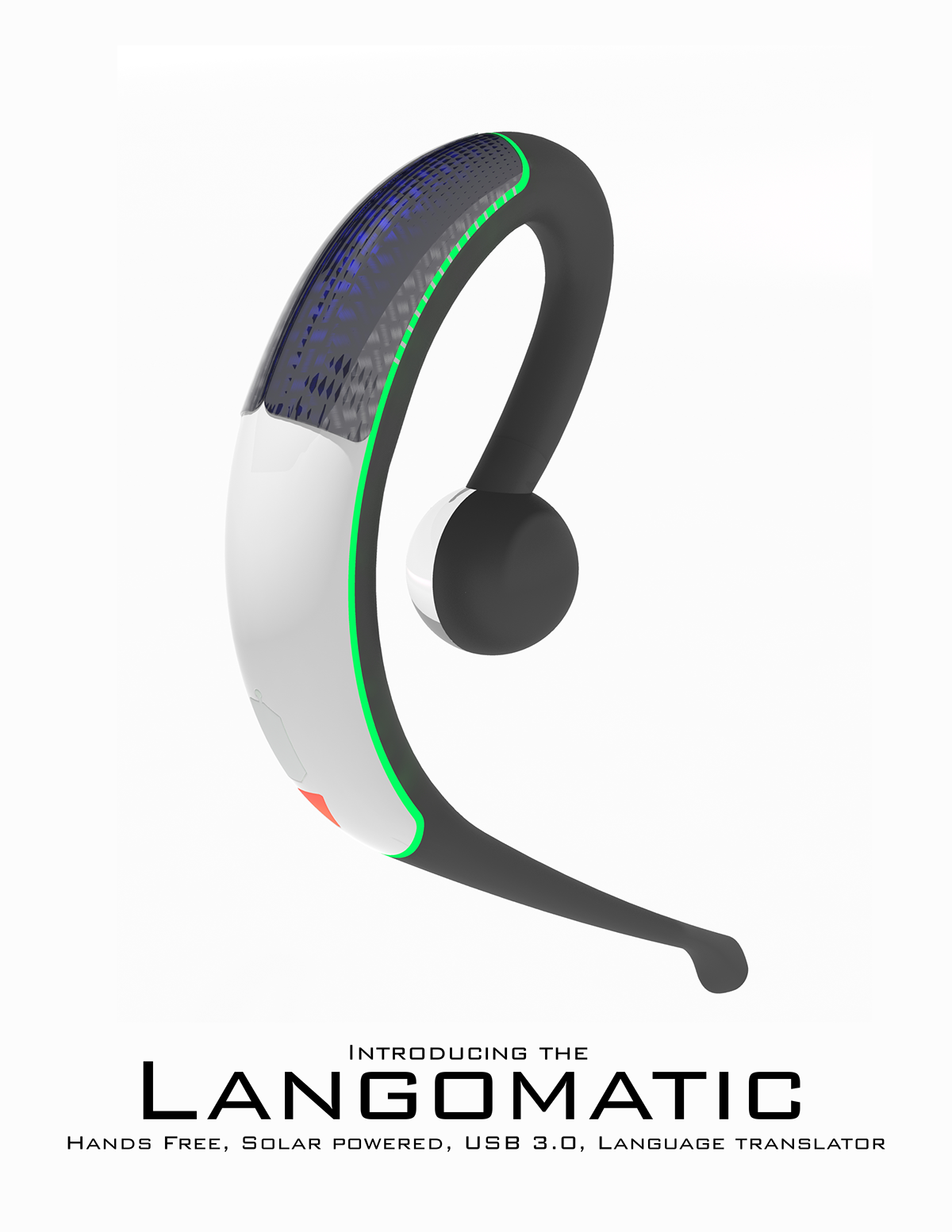 langomatic concept universal translator bluetooth headset mic solar RECHARGE language