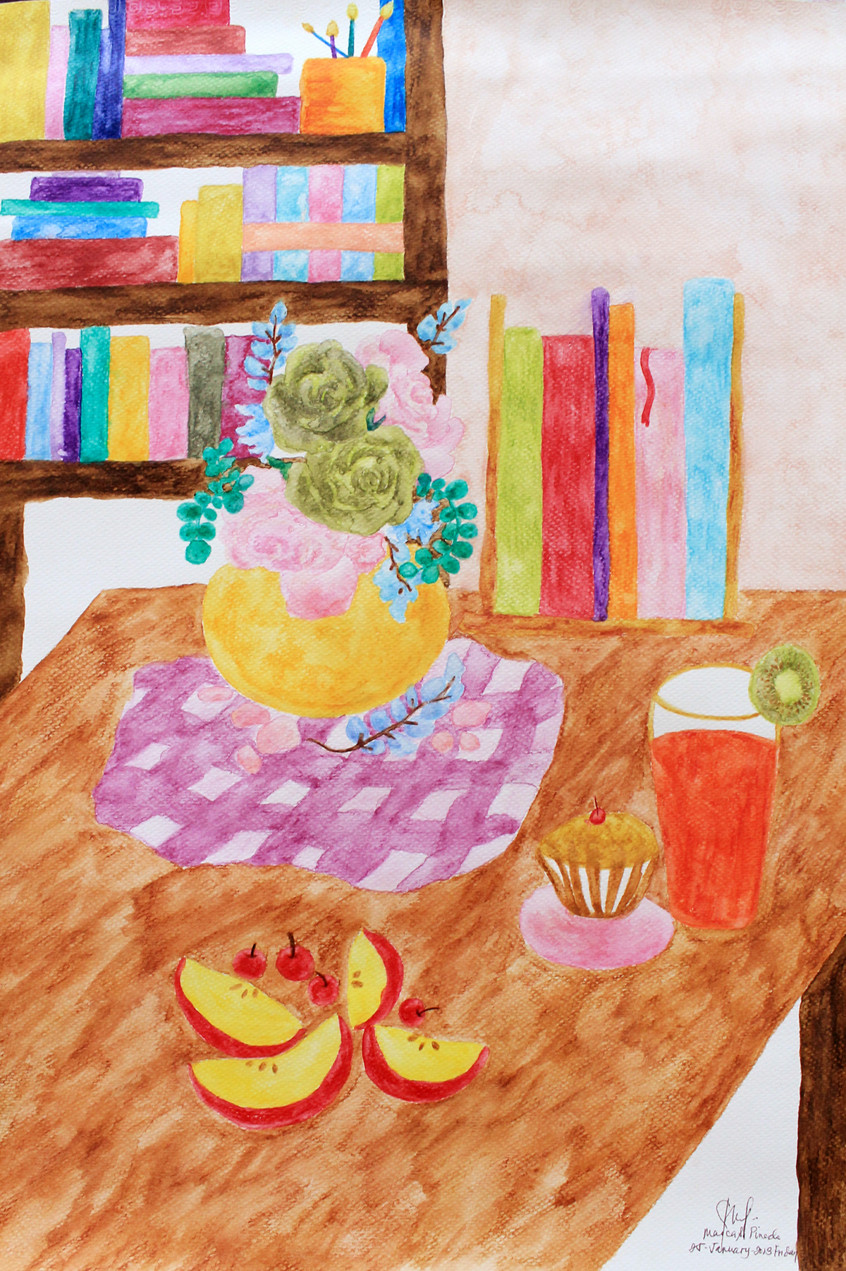 books  library   Still life Flowers watercolor  pencil  Illustration  FOOD  desserts  Sweets  reading home