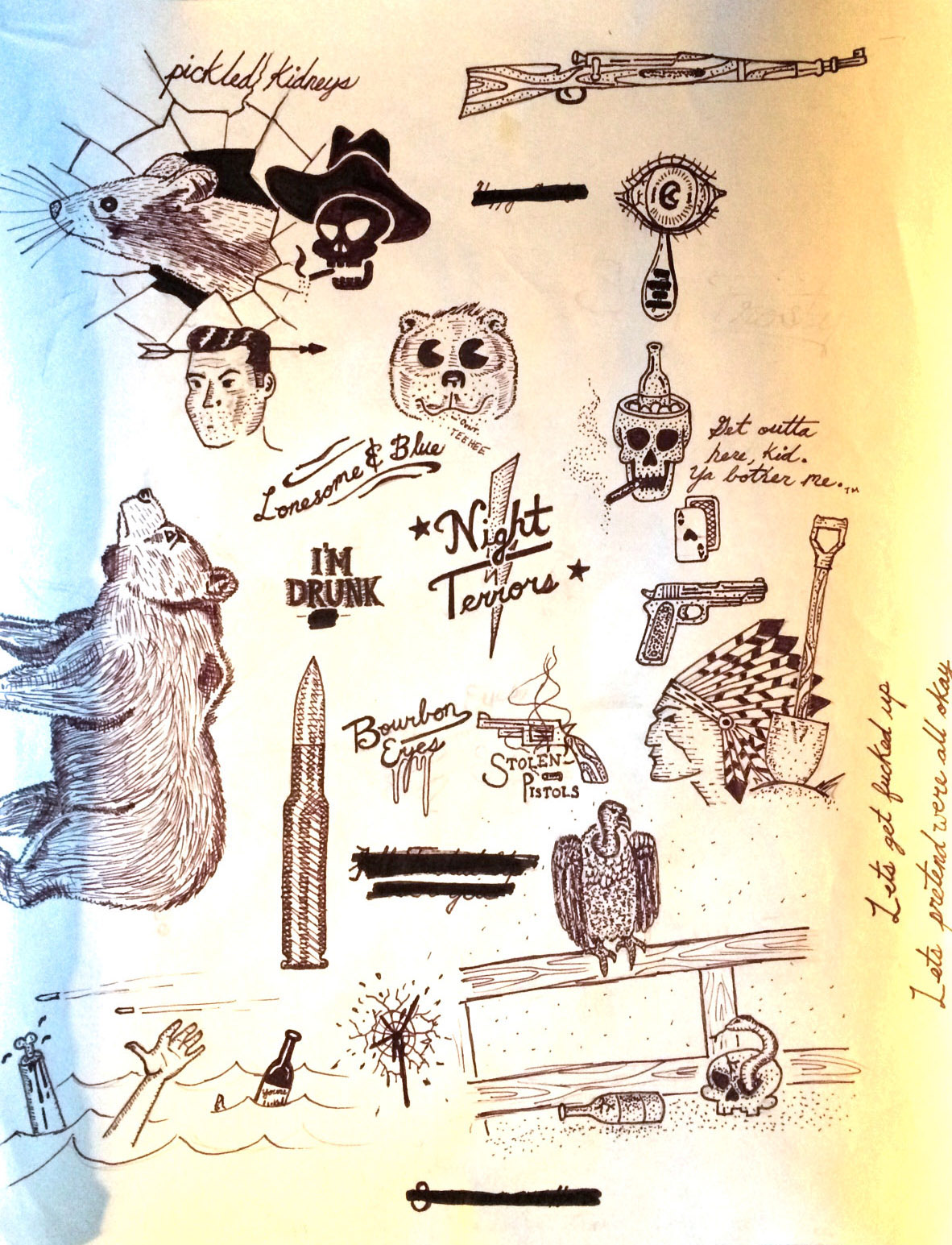 hand finger skull candle bomb Gun indian Cat pig HOG Bullet cowboy outlaw sketch doodle