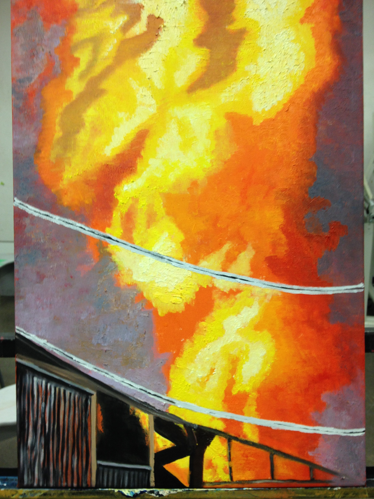 fire Oil Painting Sun burning building electrical pole smoke abstract