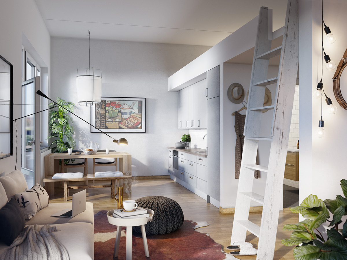 3D coronaa Render vray visualisation Scandinavian Interior exterior kichen livingroom