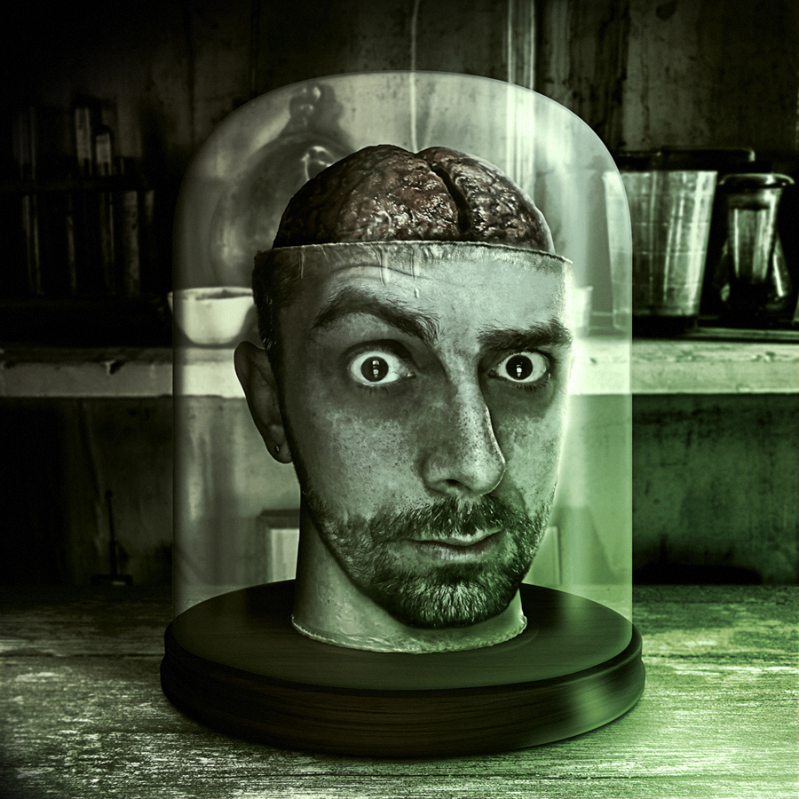 isolated brain head in jar Mad Scientist horror futurama brain detective lab crazy doctor re-animator laibach horror