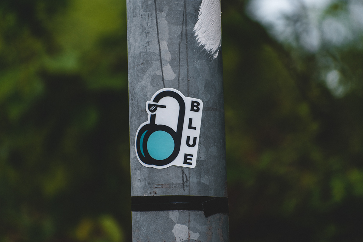 A close up of the lamp post with the blue balls sticker