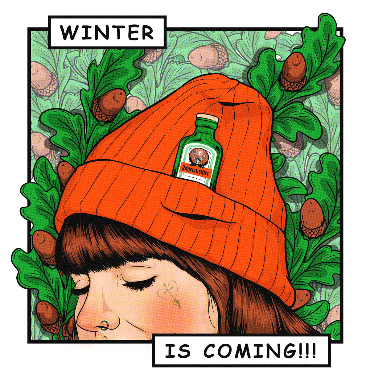 Jagermeister drink winter leaves girl beanie tattoo halftones Blush Red Nose