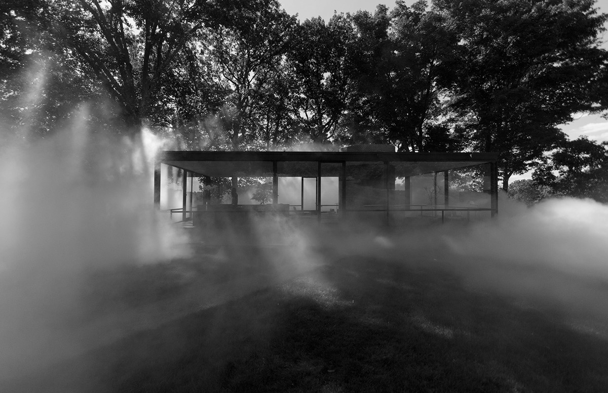 Philip Johnson glass house architectural photography fog