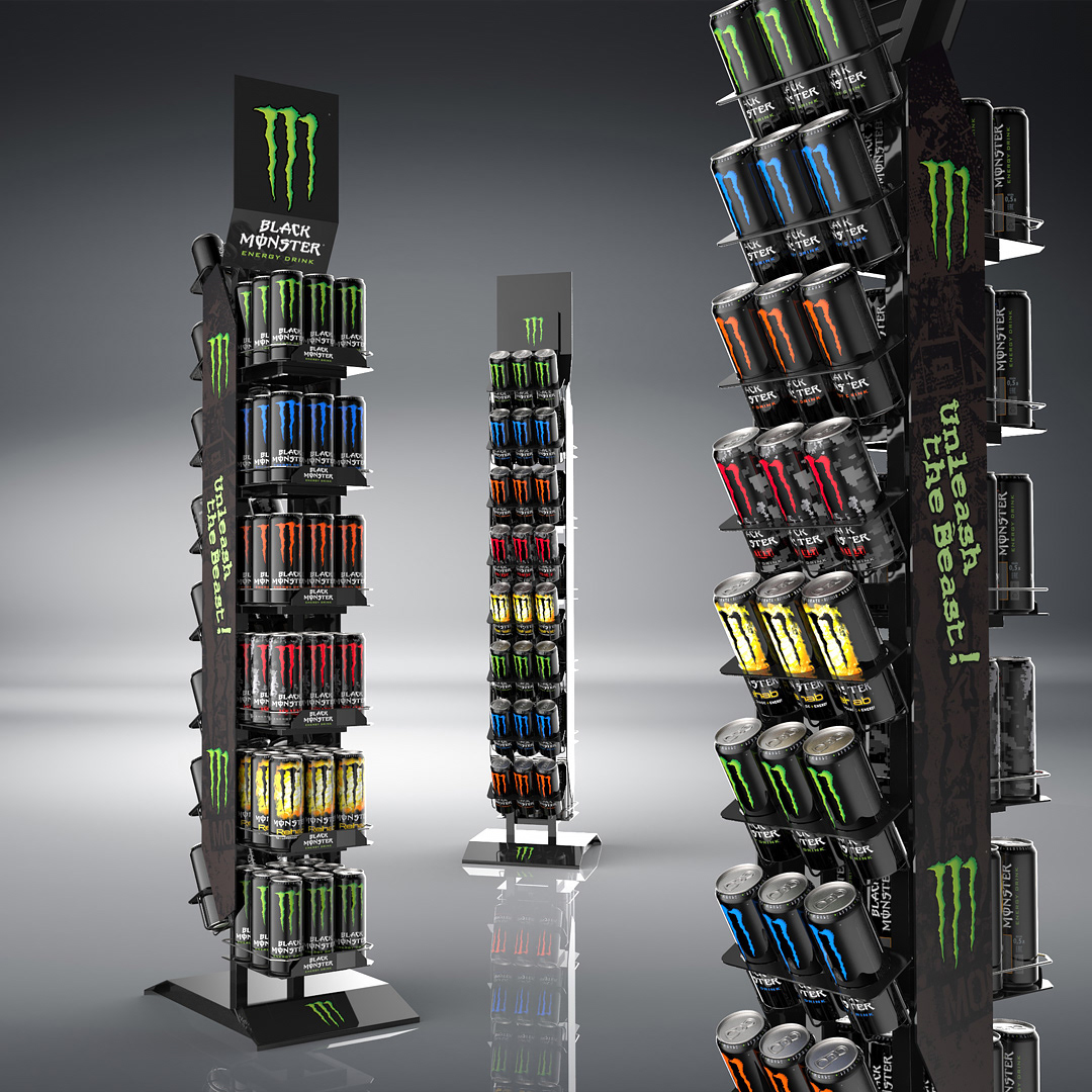 3drender Advertising  cocacola energy drink keyshot monster energy posm POSM Display Retail design