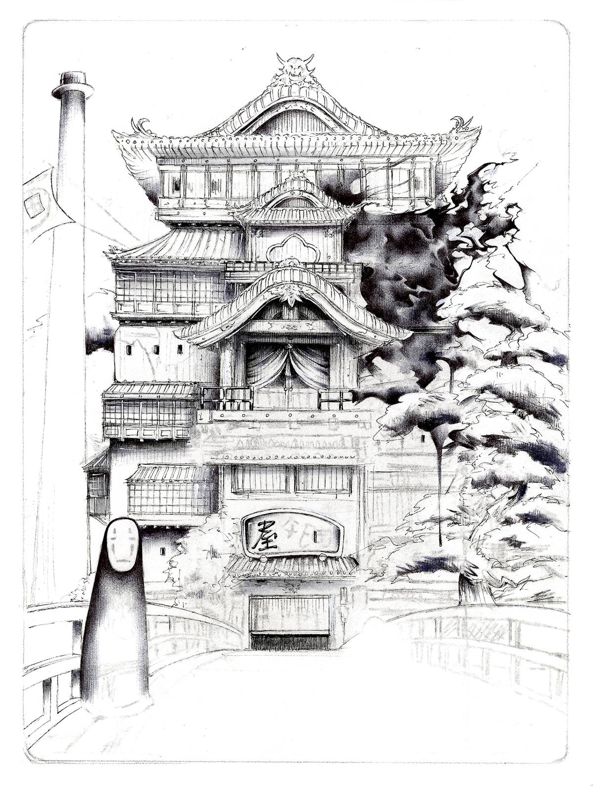 howl's moving castle miyazaki Ghibli watercolor rainbow Castle ink