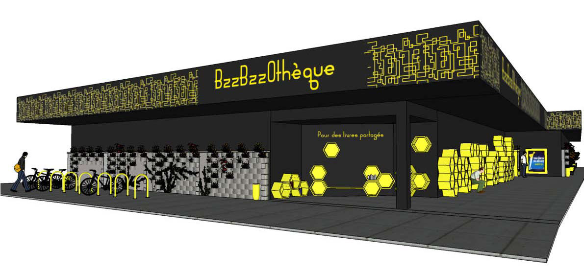 BzzBzzOthèque rehabilitation schiltigheim mobilier design strasbourg alsace france Claire Cattin jaune noir simply market livre bibliothèque semi-pérenne