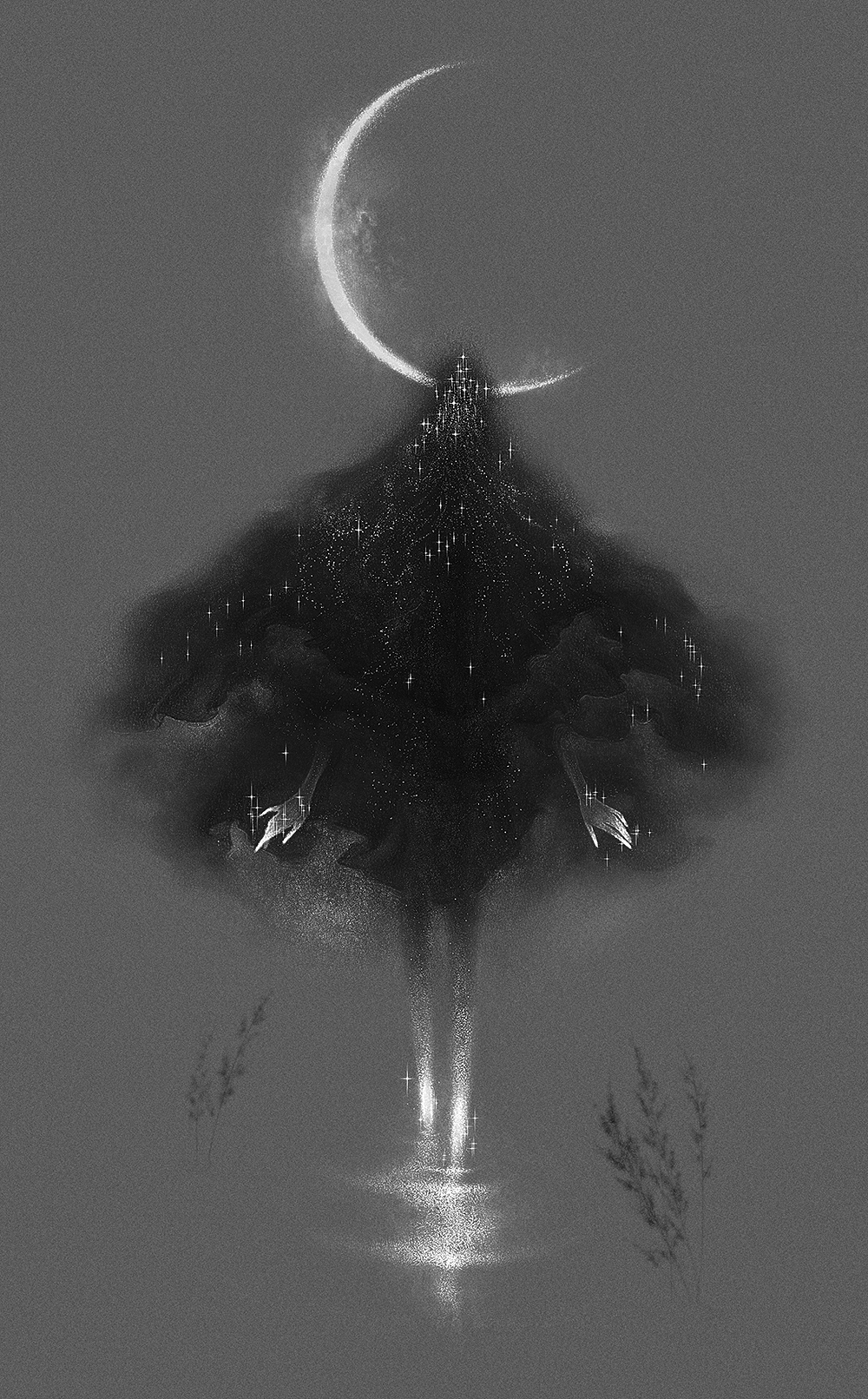 moon star harvester black and white crescent moon star ILLUSTRATION  Digital Art  painting   digital painting