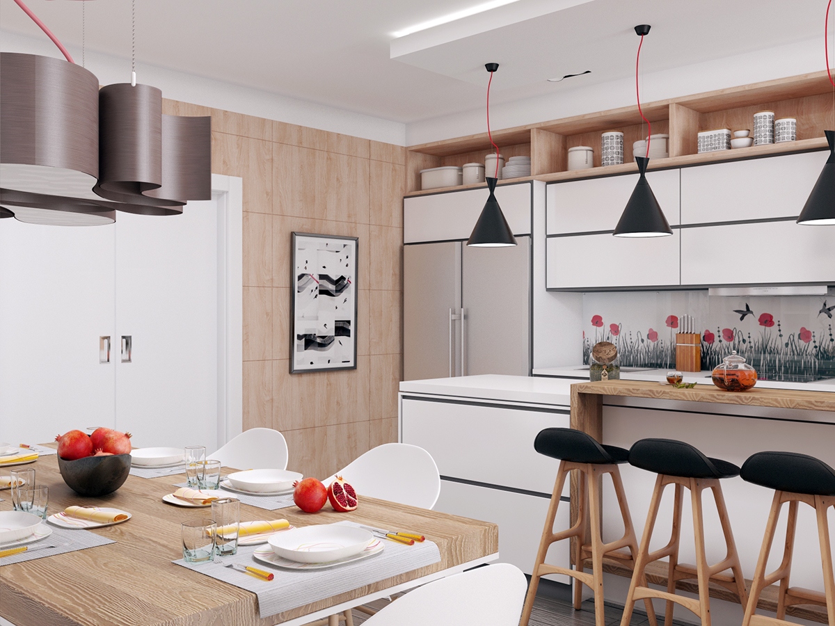 kitchen living room dining group Render 3D design contemporary