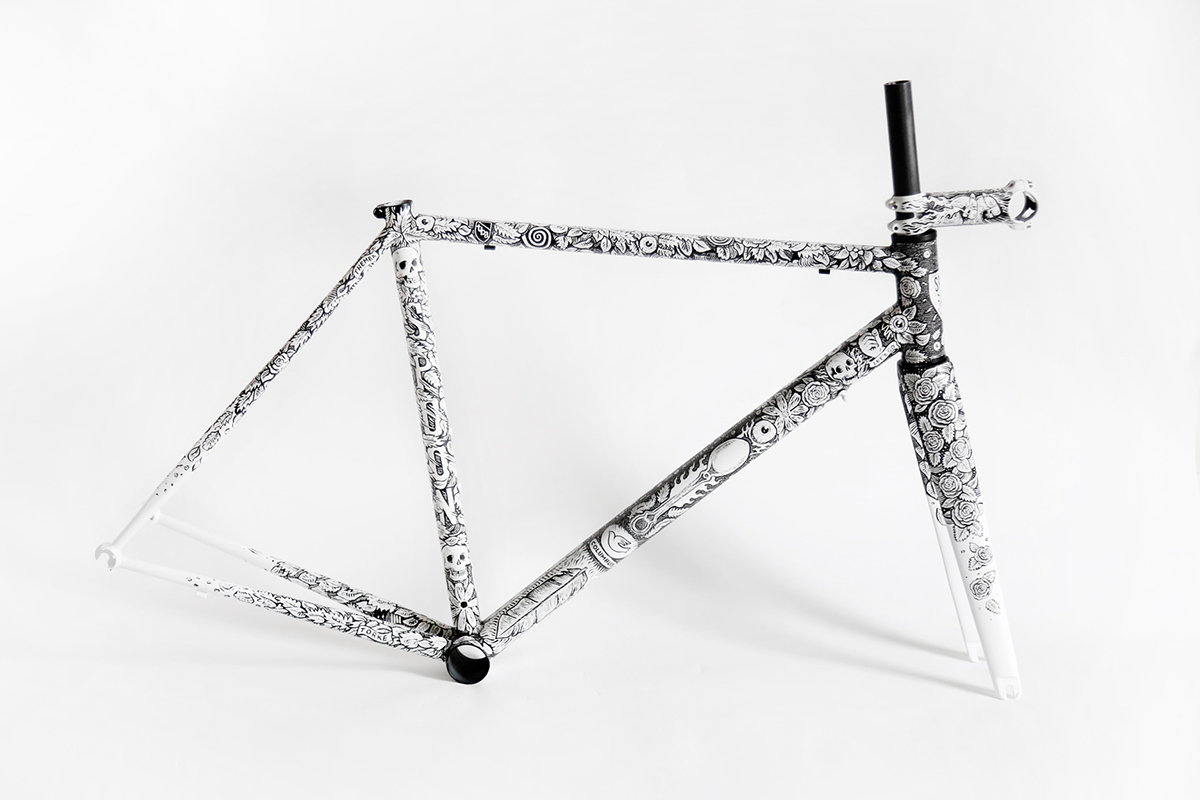 Bike Cycling Bike Frame paint acrylic art design DIY Custom bikes skull dark floral detail pattern