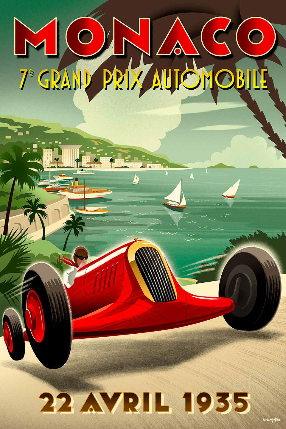 car race GRAND PRIX Formula 1 Monaco sports retro style vintage poster style Michael Crampton
